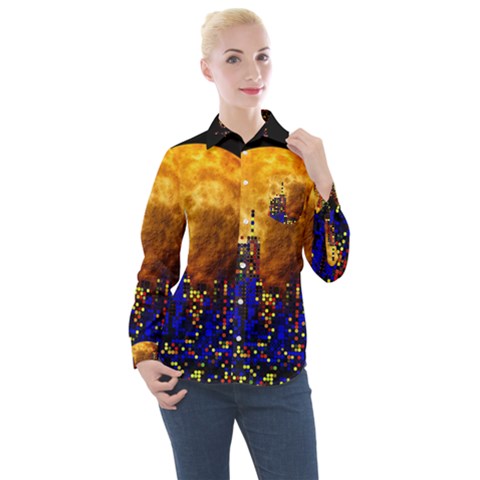 Skyline Frankfurt Abstract Moon Women s Long Sleeve Pocket Shirt by Jancukart