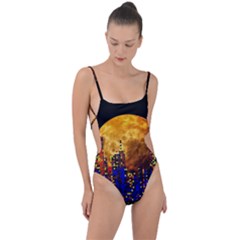 Skyline Frankfurt Abstract Moon Tie Strap One Piece Swimsuit by Jancukart