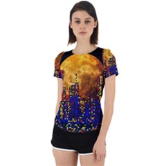 Skyline Frankfurt Abstract Moon Back Cut Out Sport Tee by Jancukart