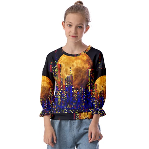 Skyline Frankfurt Abstract Moon Kids  Cuff Sleeve Top by Jancukart