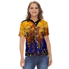 Skyline Frankfurt Abstract Moon Women s Short Sleeve Double Pocket Shirt