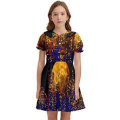 Skyline Frankfurt Abstract Moon Kids  Bow Tie Puff Sleeve Dress