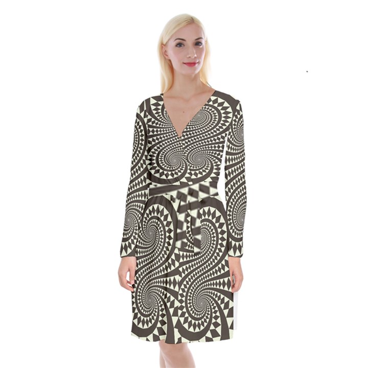 Retro-form-shape-abstract Long Sleeve Velvet Front Wrap Dress