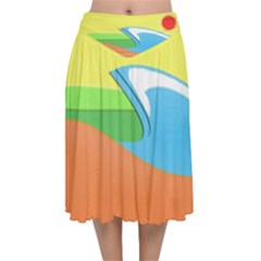 Waves-beach-sun-sea-water-sky Velvet Flared Midi Skirt by Jancukart