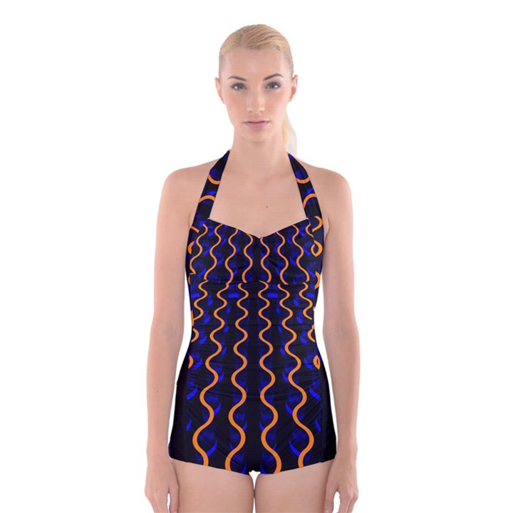 Pattern Abstract Wallpaper Waves Boyleg Halter Swimsuit 