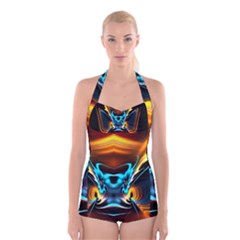 Duck-crazy-duck-abstract Boyleg Halter Swimsuit 