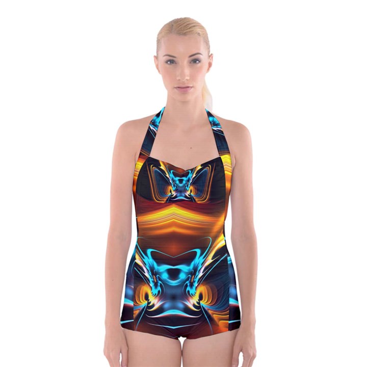 Duck-crazy-duck-abstract Boyleg Halter Swimsuit 