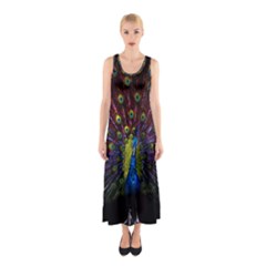 Beautiful Peacock Feather Sleeveless Maxi Dress