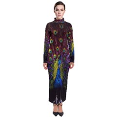 Beautiful Peacock Feather Turtleneck Maxi Dress