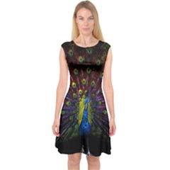 Beautiful Peacock Feather Capsleeve Midi Dress