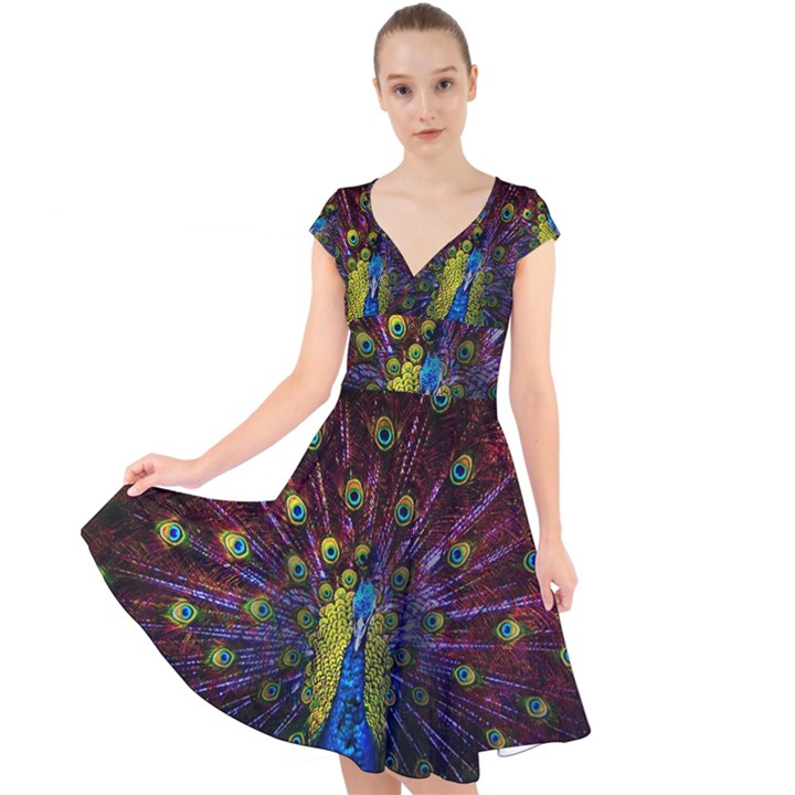 Beautiful Peacock Feather Cap Sleeve Front Wrap Midi Dress