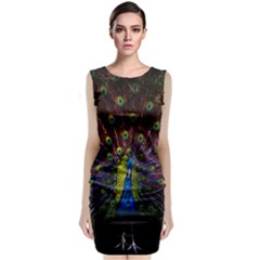 Beautiful Peacock Feather Sleeveless Velvet Midi Dress