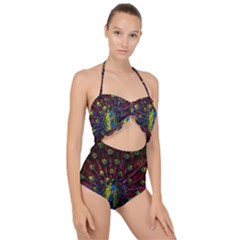 Beautiful Peacock Feather Scallop Top Cut Out Swimsuit