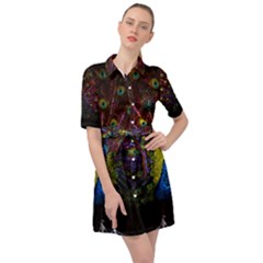 Beautiful Peacock Feather Belted Shirt Dress