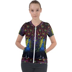 Beautiful Peacock Feather Short Sleeve Zip Up Jacket