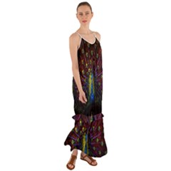 Beautiful Peacock Feather Cami Maxi Ruffle Chiffon Dress