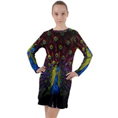 Beautiful Peacock Feather Long Sleeve Hoodie Dress