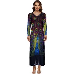 Beautiful Peacock Feather Long Sleeve Velour Longline Maxi Dress