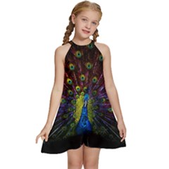 Beautiful Peacock Feather Kids  Halter Collar Waist Tie Chiffon Dress