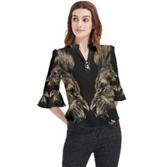 Animalsangry Male Lions Conflict Loose Horn Sleeve Chiffon Blouse