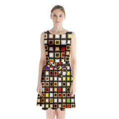 Squares-colorful-texture-modern-art Sleeveless Waist Tie Chiffon Dress by Jancukart