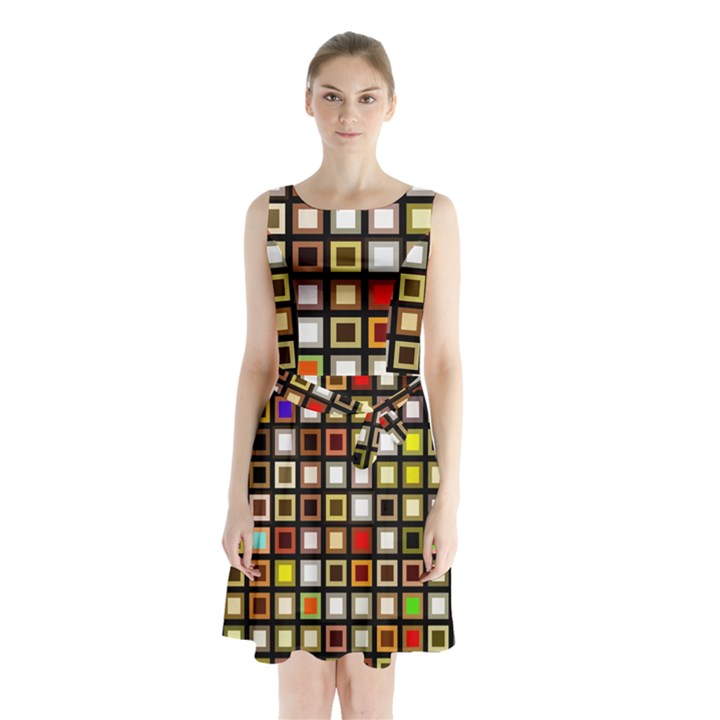 Squares-colorful-texture-modern-art Sleeveless Waist Tie Chiffon Dress