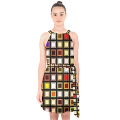 Squares-colorful-texture-modern-art Halter Collar Waist Tie Chiffon Dress