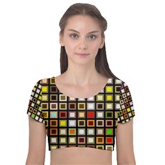 Squares-colorful-texture-modern-art Velvet Short Sleeve Crop Top  by Jancukart