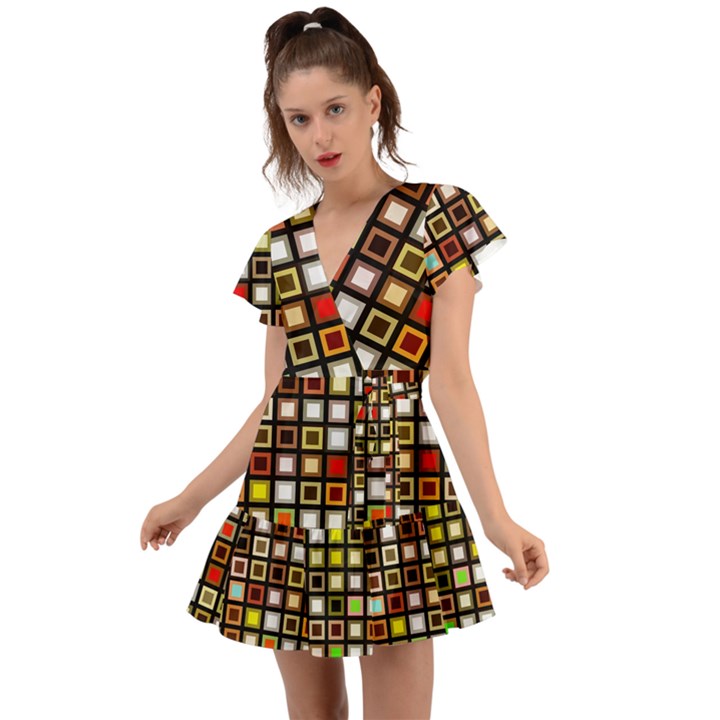 Squares-colorful-texture-modern-art Flutter Sleeve Wrap Dress