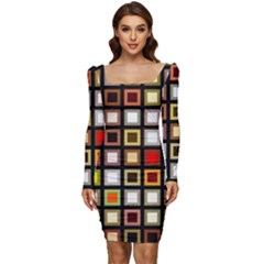 Squares-colorful-texture-modern-art Women Long Sleeve Ruched Stretch Jersey Dress by Jancukart