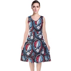 Grateful Dead Pattern V-neck Midi Sleeveless Dress  by Jancukart