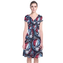 Grateful Dead Pattern Short Sleeve Front Wrap Dress