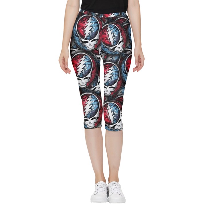 Grateful Dead Pattern Inside Out Lightweight Velour Capri Leggings 