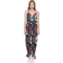 Grateful Dead Pattern Sleeveless Tie Ankle Chiffon Jumpsuit