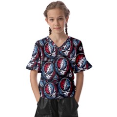 Grateful Dead Pattern Kids  V-neck Horn Sleeve Blouse by Jancukart