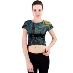 Cartoon Starry Night Vincent Van Gofh Crew Neck Crop Top