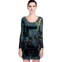 Cartoon Starry Night Vincent Van Gofh Long Sleeve Bodycon Dress by Jancukart