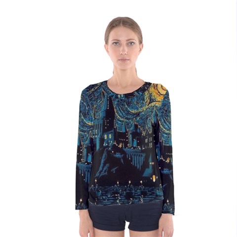 Cartoon Starry Night Vincent Van Gofh Women s Long Sleeve Tee by Jancukart