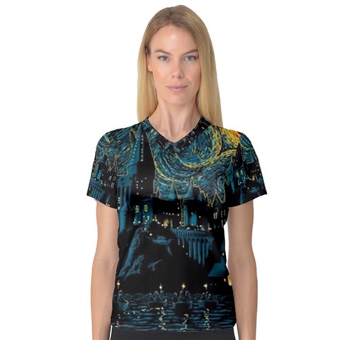 Cartoon Starry Night Vincent Van Gofh V-neck Sport Mesh Tee by Jancukart