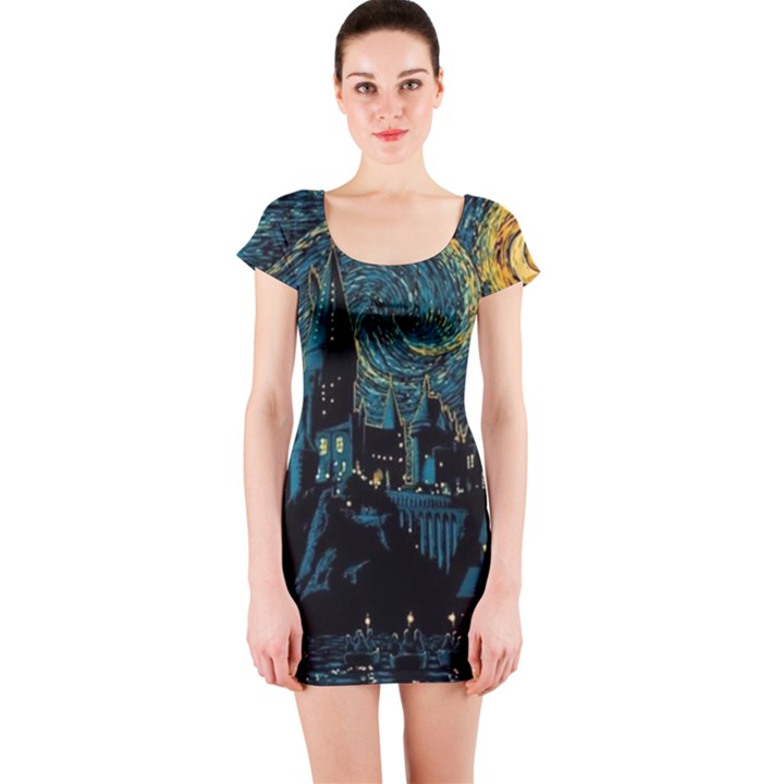 Cartoon Starry Night Vincent Van Gofh Short Sleeve Bodycon Dress