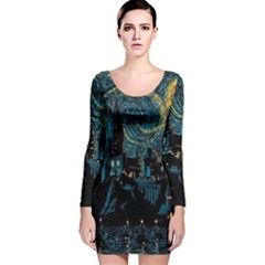 Cartoon Starry Night Vincent Van Gofh Long Sleeve Velvet Bodycon Dress