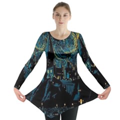 Cartoon Starry Night Vincent Van Gofh Long Sleeve Tunic  by Jancukart