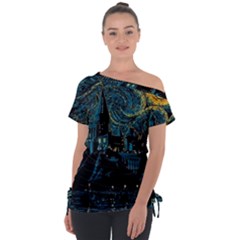 Cartoon Starry Night Vincent Van Gofh Off Shoulder Tie-up Tee