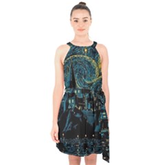 Cartoon Starry Night Vincent Van Gofh Halter Collar Waist Tie Chiffon Dress by Jancukart