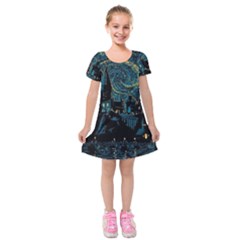 Cartoon Starry Night Vincent Van Gofh Kids  Short Sleeve Velvet Dress