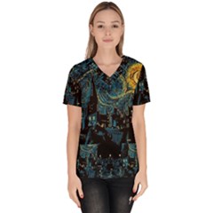 Cartoon Starry Night Vincent Van Gofh Women s V-neck Scrub Top