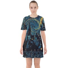 Cartoon Starry Night Vincent Van Gofh Sixties Short Sleeve Mini Dress by Jancukart