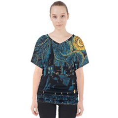 Cartoon Starry Night Vincent Van Gofh V-neck Dolman Drape Top