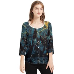 Cartoon Starry Night Vincent Van Gofh Chiffon Quarter Sleeve Blouse by Jancukart