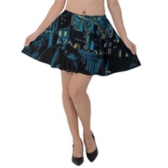 Cartoon Starry Night Vincent Van Gofh Velvet Skater Skirt